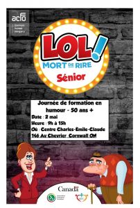 De bonnes nouvelles pour LOL Sénior ! Vous avez plus de 50 ans et vous aimeriez vous initier à quelque chose de nouveau, comme l'écriture de votre propre numéro d'humour (Stand up) ? LOL Sénior vous attends pour une formation en humour le 2 mai prochain, de 9h à 15h, au Centre Charles-Émile-Claude à Cornwall (dîner inclus) ! Si vous n'êtes pas encore inscrits, faites le dès maintenant en confirmant votre participation sur cette page !